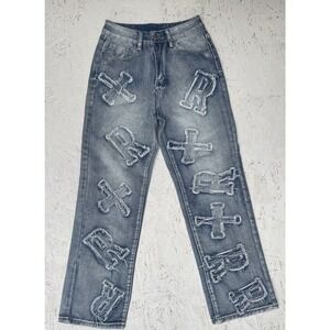 Womens Jeans Size XS Straight Leg Loose Embroidered Letter Design Patch Lt Wash